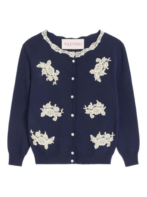Valentino Garavani lace-trim embroidered cardigan - Blue