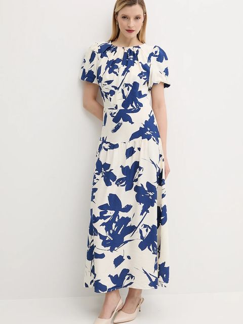 Answear.LAB sukienka lniana kolor granatowy maxi rozkloszowana