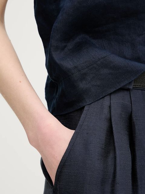 La Petite Française szorty z domieszką lnu SAVOUREUX kolor granatowy gładkie high waist SAVOUREUX