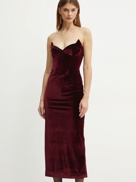 Bardot sukienka welurowa CAMELLIA kolor bordowy midi dopasowana 59535DB
