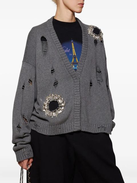 AREA crystal-embellished distressed cardigan - Grey