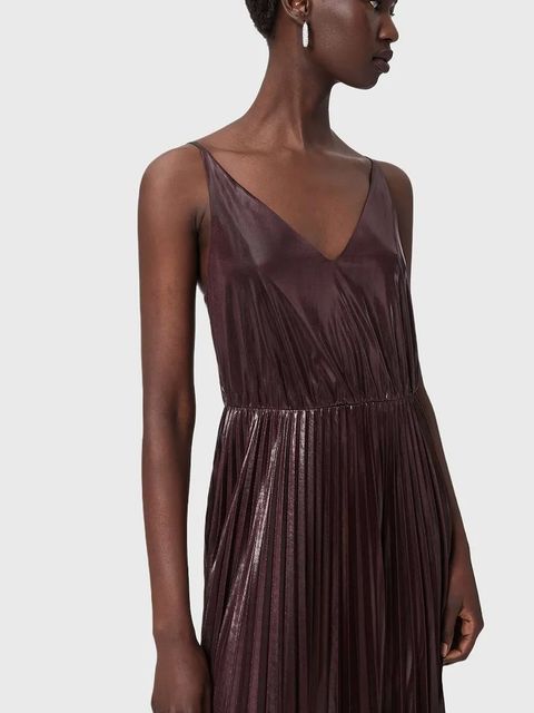 AllSaints sukienka i sweter kolor brązowy midi rozkloszowana W328DB