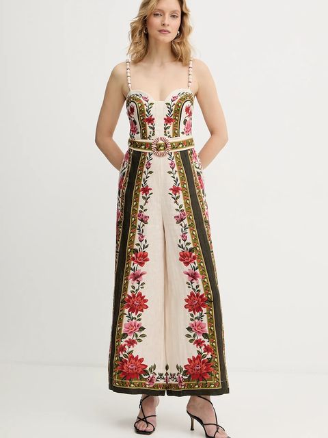 Farm Rio kombinezon lniany kolor beżowy z dekoltem w szpic 344883 - zdjęcie produktu nr 1