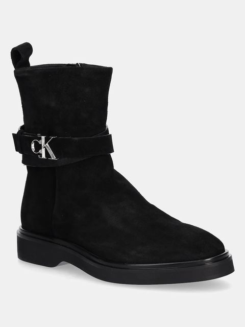 Calvin Klein botki zamszowe ANKLE BOOT W/ METAL LOGO SUE damskie kolor czarny na płaskim obcasie HW0HW02664 - zdjęcie produktu nr 1
