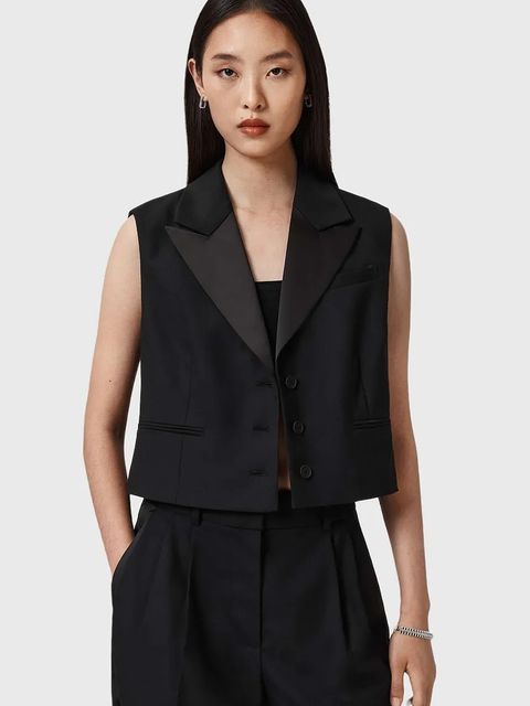 AllSaints kamizelka z dodatkiem wełny kolor czarny jednorzędowa W053QD - zdjęcie produktu nr 1