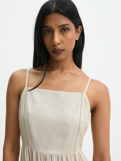 Answear.LAB sukienka z lnem kolor beżowy maxi rozkloszowana