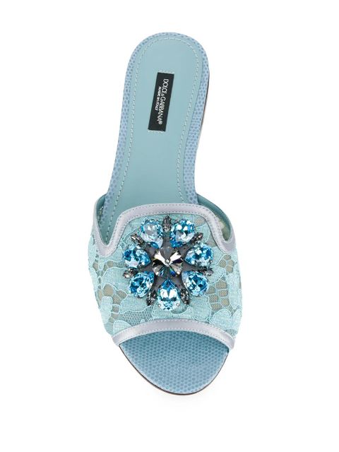 Dolce & Gabbana crystal-embellished lace slides - Blue