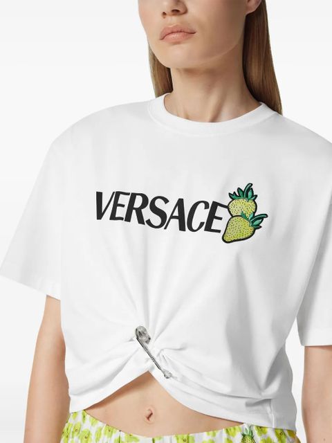Versace Strawberry Garden Safety Pin cropped T-shirt - White