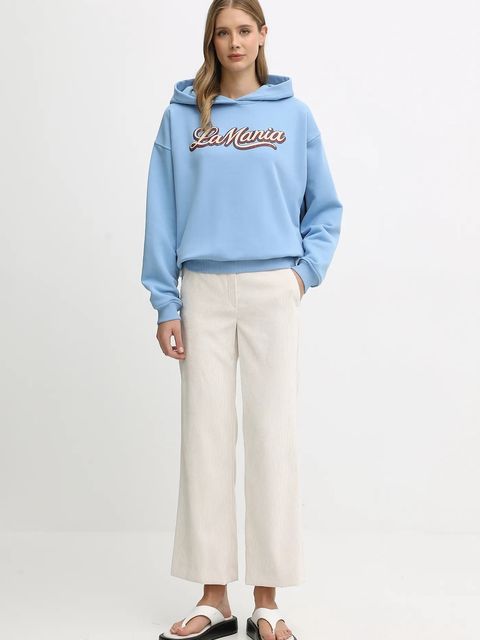 La Mania bluza TAE damska kolor niebieski z kapturem z nadrukiem TAE