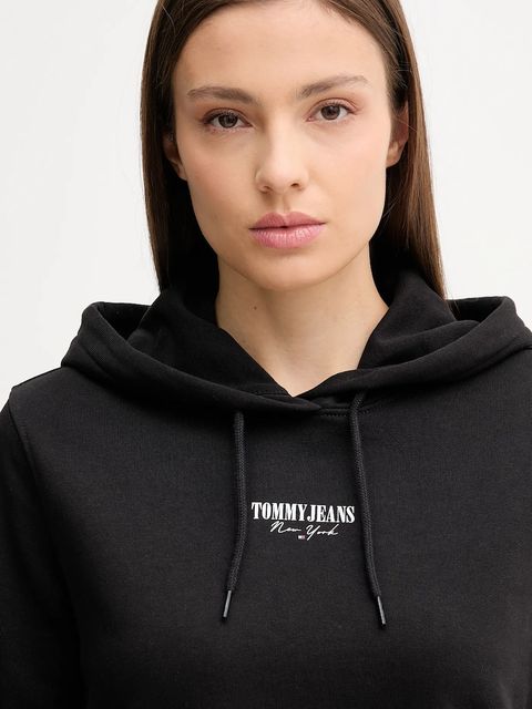 Tommy Jeans bluza bawełniana damska kolor czarny z kapturem z nadrukiem DW0DW20943