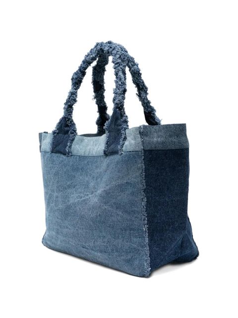 GANNI patchwork frayed tote bag - Blue
