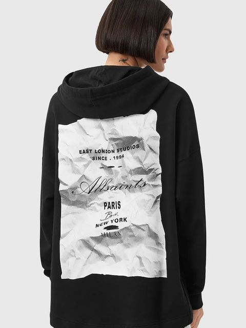 AllSaints bluza bawełniana ETTI damska kolor czarny z kapturem wzorzysta W054JD - zdjęcie produktu nr 1