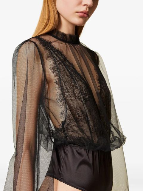TWINSET lace-detail tulle bodysuit - Black