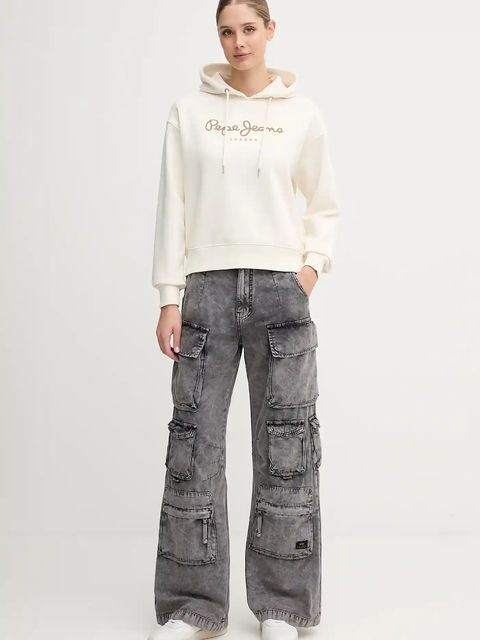 Pepe Jeans bluza damska kolor beżowy z kapturem z nadrukiem PL5800001