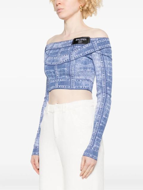 Balmain trompe l'oeil-print crop top - Blue