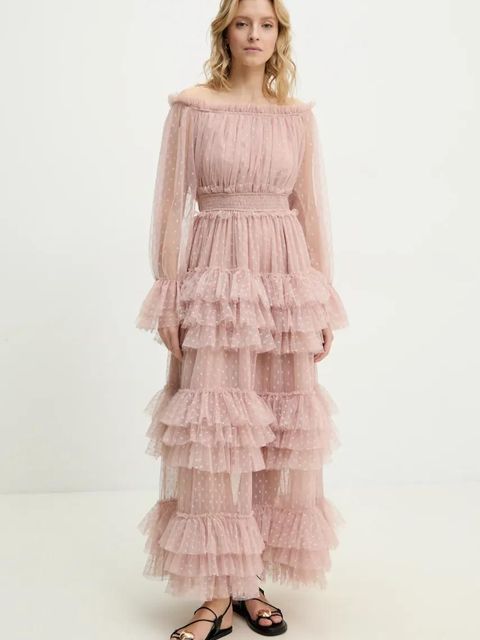 Answear.LAB sukienka kolor beżowy maxi rozkloszowana