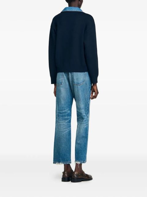SANDRO denim-trimmed V-neck sweatshirt - Blue