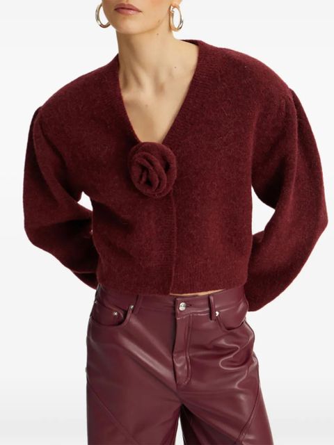 ROTATE BIRGER CHRISTENSEN rose-embellished puff-sleeve cardigan - Red