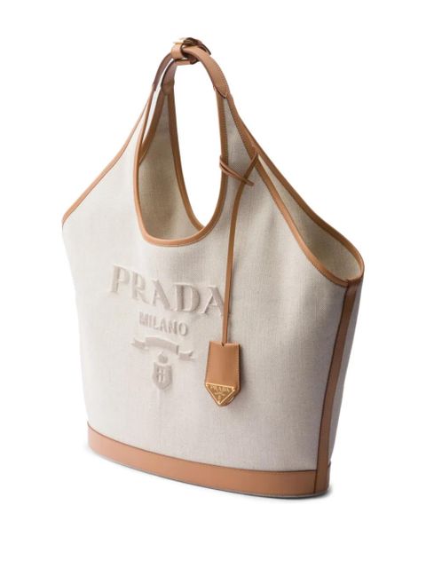 Prada large logo-embroidered tote bag - Neutrals