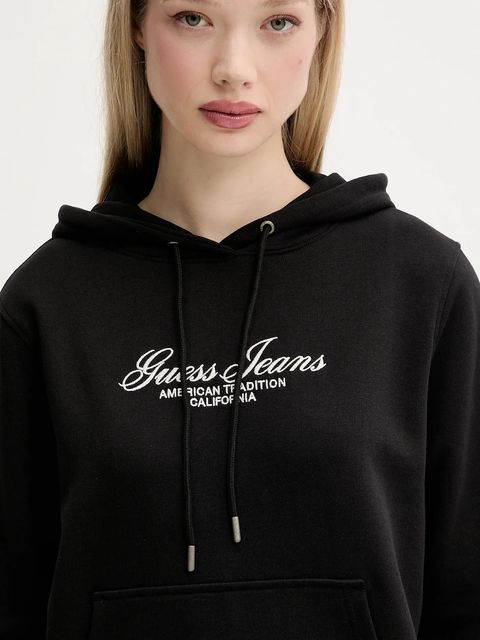 Guess Jeans bluza bawełniana damska kolor czarny z kapturem z aplikacją W5YQ13 K68I4
