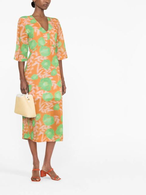 GANNI floral-print midi dress - Orange