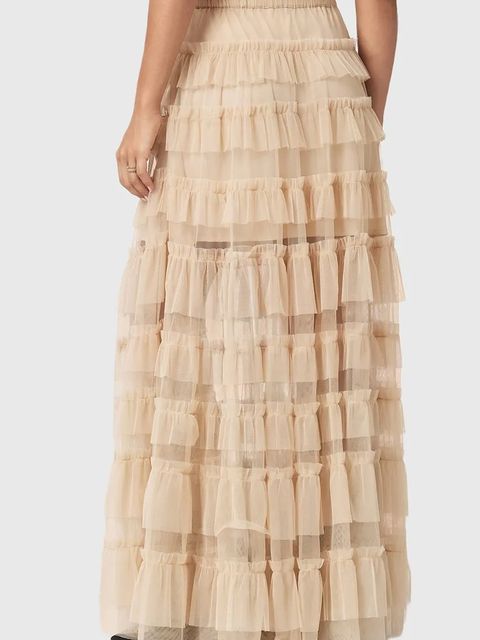 AllSaints spódnica kolor beżowy maxi rozkloszowana W071RD