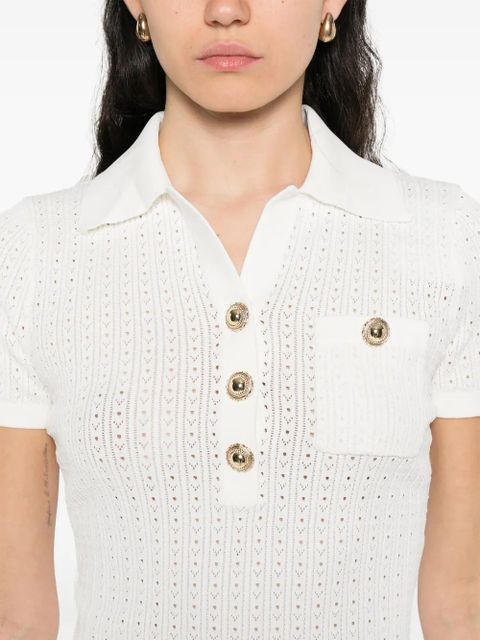 Self-Portrait pointelle-knit polo top - White
