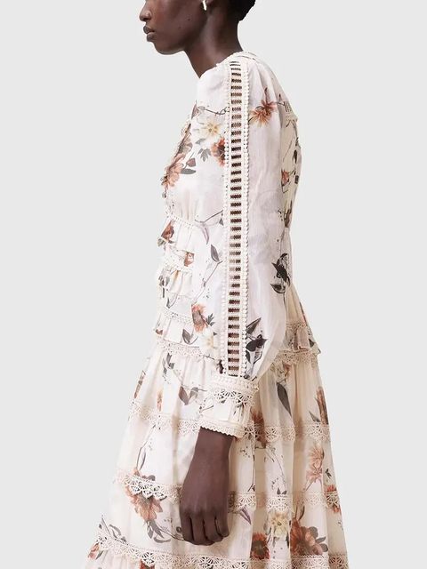 AllSaints sukienka ZORA MIDI kolor beżowy midi rozkloszowana W084DC