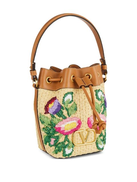 Valentino Garavani floral-embroidered bucket bag - Neutrals