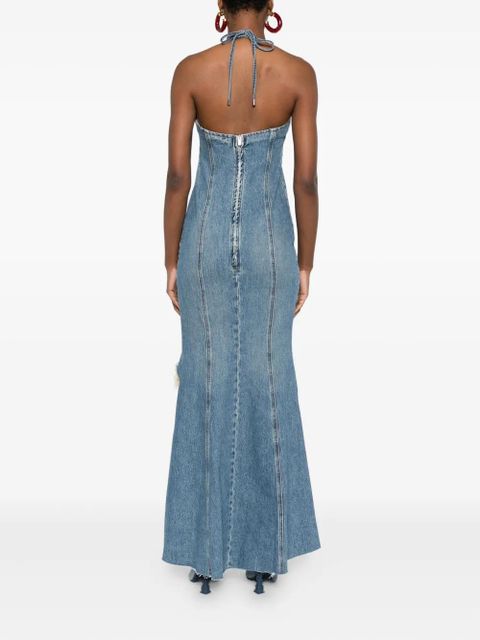Blumarine halter-neck frayed-hem denim dress - Blue