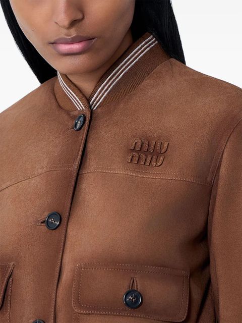 Miu Miu button-up rib-trim leather jacket - Brown