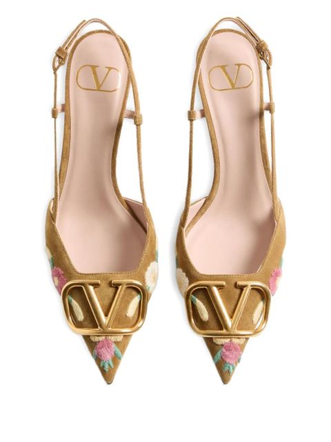 Valentino Garavani 80mm floral-embroidered slingback pumps - Brown