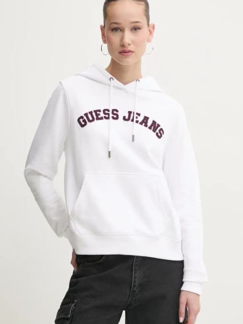 Guess Jeans bluza bawełniana damska kolor biały z kapturem z aplikacją W5RQ17 K68I4