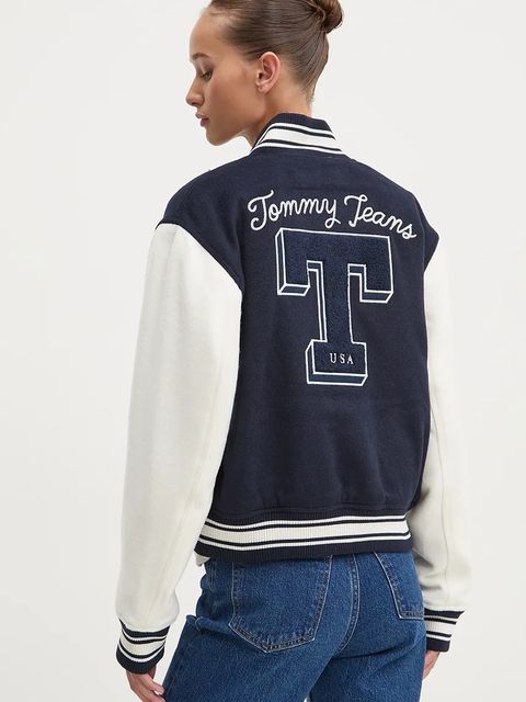 Tommy Jeans kurtka bomber z domieszką wełny kolor granatowy przejściowa DW0DW18845