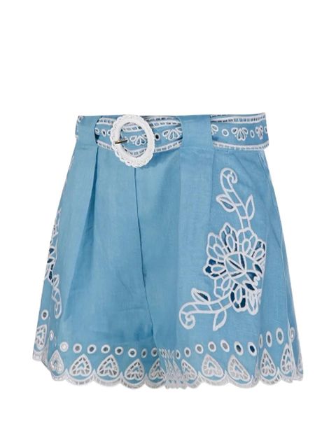 FARM Rio floral-embroidered belted shorts - Blue