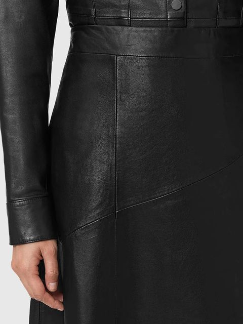 AllSaints spódnica skórzana kolor czarny midi rozkloszowana W073RD