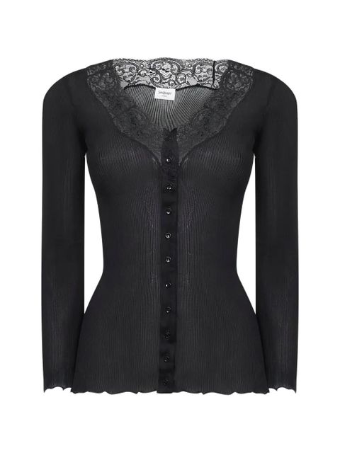 Saint Laurent lace-trim ribbed cardigan - Black - zdjęcie produktu nr 1
