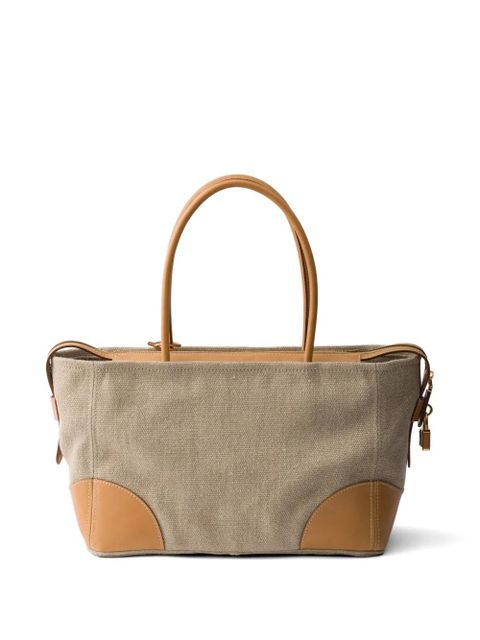 Prada large linen and leather tote bag - Neutrals