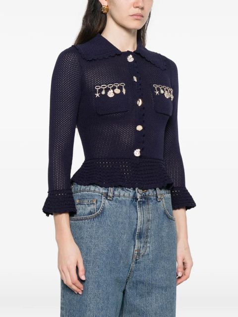 Self-Portrait charm-detail scalloped-trim cardigan - Blue