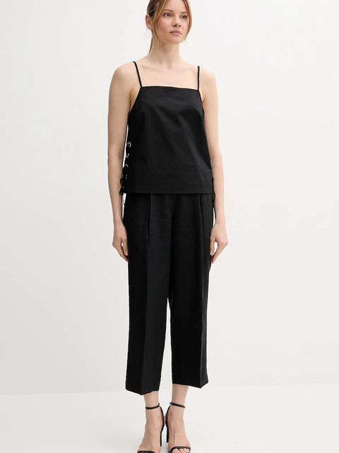 Sisley spodnie lniane damskie kolor czarny szerokie high waist 4AGHLF06R