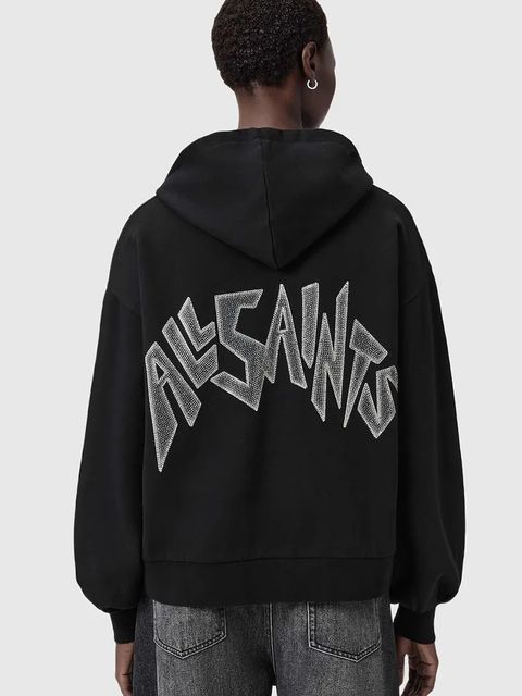 AllSaints bluza bawełniana damska kolor czarny z kapturem z aplikacją W090JD - zdjęcie produktu nr 1