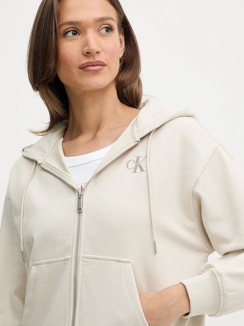Calvin Klein Jeans bluza damska kolor beżowy z kapturem z nadrukiem LV047B270G