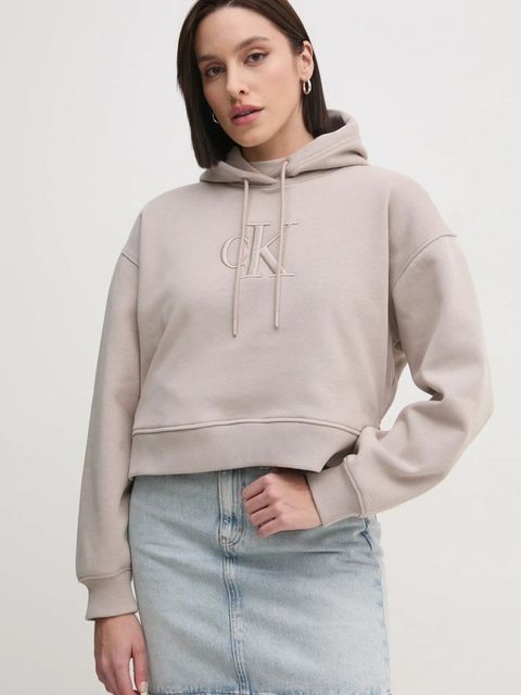 Calvin Klein Jeans bluza damska kolor beżowy z kapturem z aplikacją J20J224718