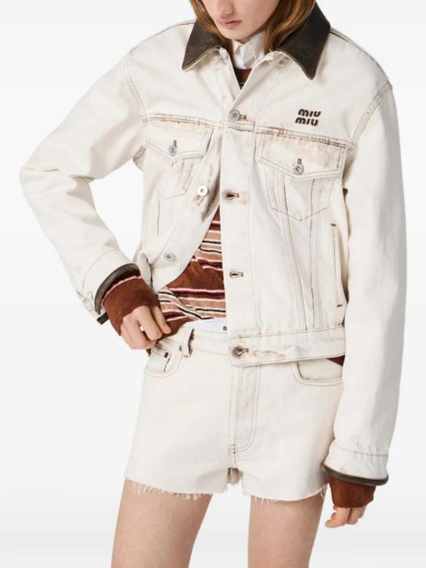 Miu Miu bleached leather-collar denim jacket - Neutrals
