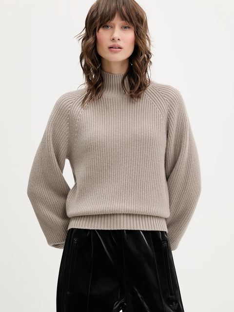 HUGO sweter z wełną damski kolor beżowy z półgolfem 50548292