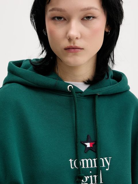 Tommy Jeans bluza bawełniana damska kolor zielony z kapturem z aplikacją DN0DN00099