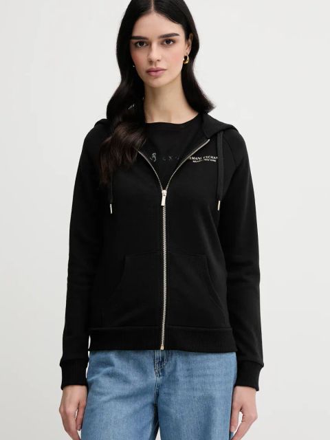Armani Exchange bluza damska kolor czarny z kapturem z aplikacją
