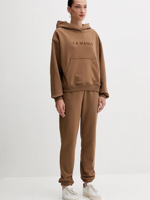 La Mania bluza BROOK damska kolor brązowy z kapturem z aplikacją BROOK