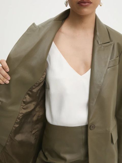 Answear.LAB marynarka skórzana kolor zielony jednorzędowa gładka