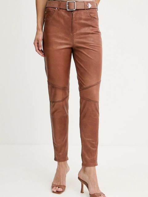 Pinko spodnie skórzane damskie kolor brązowy proste high waist 103896 A2I1